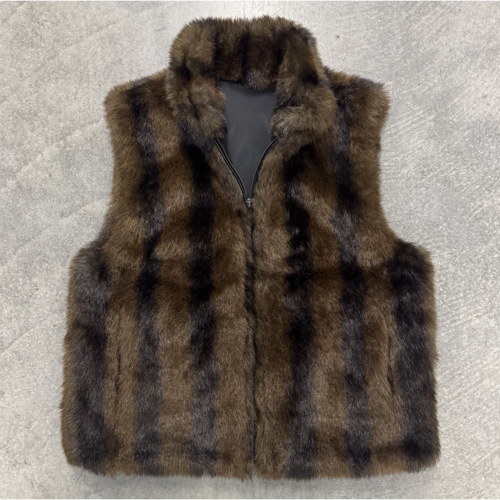 Brown Black Faux Fur Reversible Vest Women's Large Full Zip Pockets